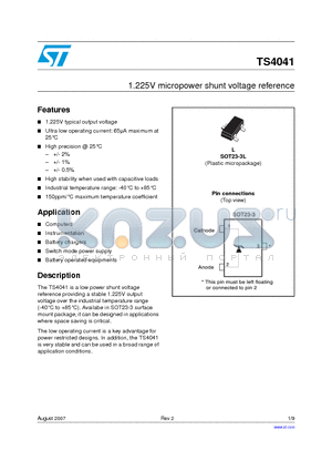 TS4041 datasheet - 1.225V micropower shunt voltage reference
