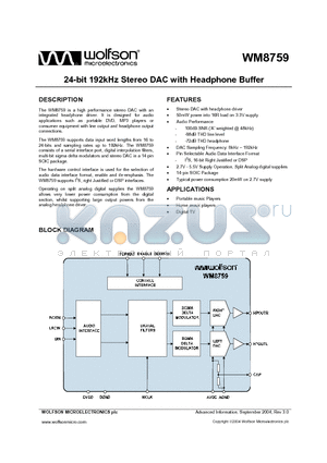 WM8759ED datasheet - 24 BIT 192KHZ STEREO DAC WITH HEADPHONE BUFFER