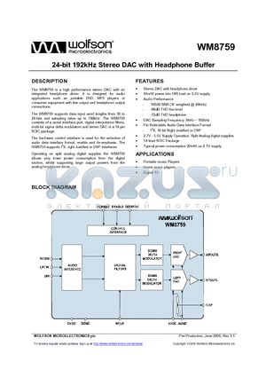 WM8759GED/V datasheet - 24-bit 192kHz Stereo DAC with Headphone Buffer