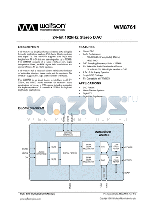 WM8761 datasheet - 24BIT 192KHZ STEREO DAC