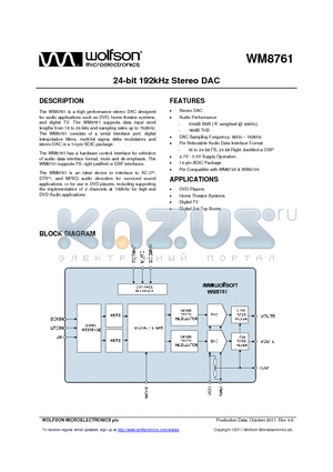 WM8761CGED datasheet - 24-bit 192kHz Stereo DAC