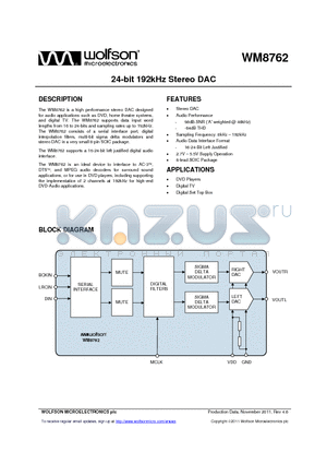 WM8762CGED/R datasheet - 24-bit 192kHz Stereo DAC