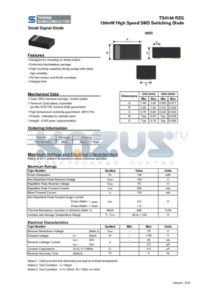 TS4148RZG datasheet - 150mW High Speed SMD Switching Diode