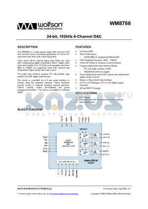 WM8766 datasheet - 24-bit, 192kHz 6-Channel DAC