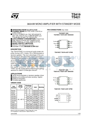 TS419-8 datasheet - 360mW MONO AMPLIFIER WITH STANDBY MODE