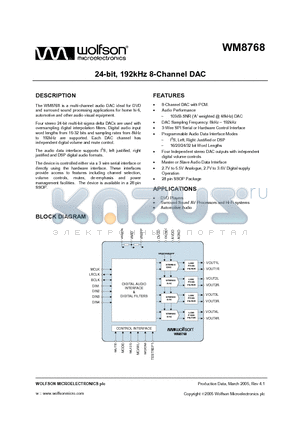 WM8768GEDS/R datasheet - 24-bit, 192kHz 8-Channel DAC