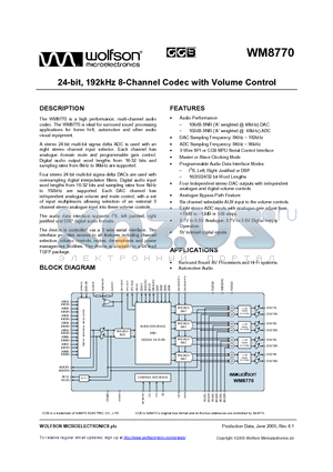 WM8770 datasheet - 24-bit, 192kHz 8-Channel Codec with Volume Control