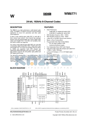 WM8771 datasheet - 24-bit, 192kHz 8-Channel Codec