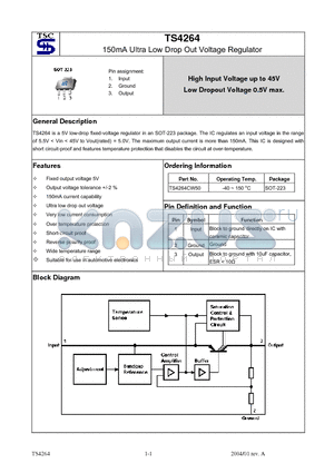 TS4264 datasheet - 150mA Ultra Low Drop Out Voltage Regulator