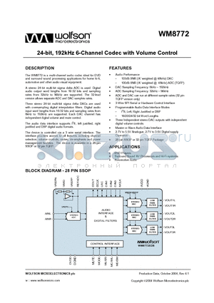 WM8772 datasheet - 24 BIT 192KHZ 6 CHANNEL CODEC WITH VOLUME CONTROL