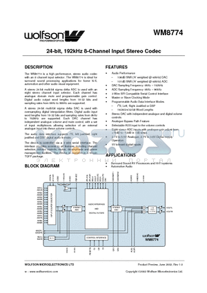 WM8774IFV datasheet - 24 - bit, 192kHz 8 - Channel Input Stereo Codec