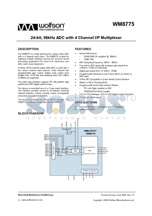 WM8775 datasheet - 24 BIT 96 KHZ ADC WITH 4 CHANNEL I/P MULTIPLEXER