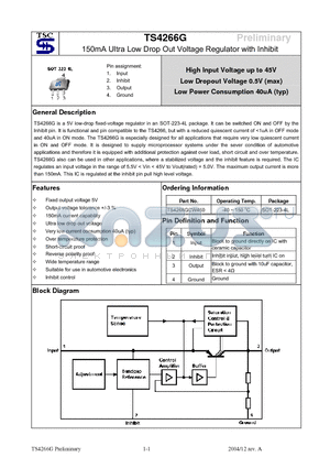 TS4266G datasheet - 150mA Ultra Low Drop Out Voltage Regulator with Inhibit