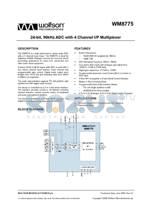 WM8775SEDS datasheet - 24-bit, 96kHz ADC with 4 Channel I/P Multiplexer