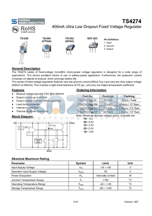 TS4274 datasheet - 400mA Ultra Low Dropout Fixed Voltage Regulator
