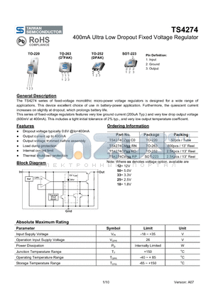 TS4274CM datasheet - 400mA Ultra Low Dropout Fixed Voltage Regulator