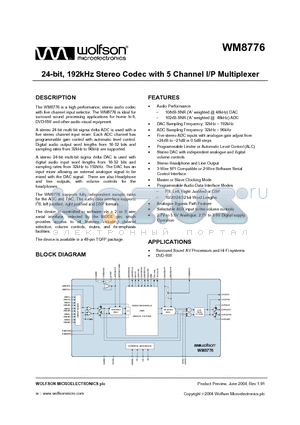 WM8776EFT datasheet - 24 BIT 192KHZ STEREO CODEC WITH 5 CHANNEL I/P MULTIPLEXER