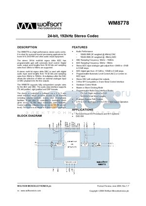 WM8778 datasheet - 24 BIT 192KHZ STEREO CODEC