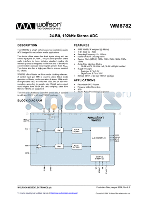 WM8782GEDT datasheet - 24-Bit, 192kHz Stereo ADC