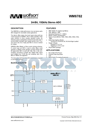 WM8782SEDS datasheet - 24-Bit, 192kHz Stereo ADC