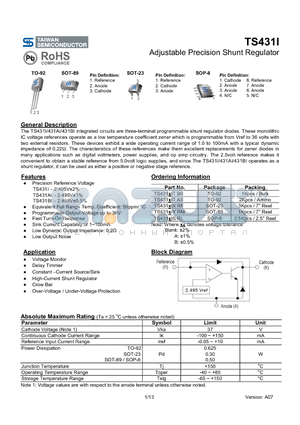 TS431AIXRF datasheet - Adjustable Precision Shunt Regulator