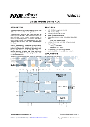 WM8782SEDS/RV datasheet - 24-Bit, 192kHz Stereo ADC