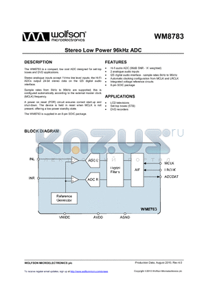 WM8783GED/V datasheet - Stereo Low Power 96kHz ADC