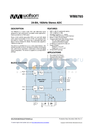 WM8785GEDS/RV datasheet - 24-Bit, 192kHz Stereo ADC