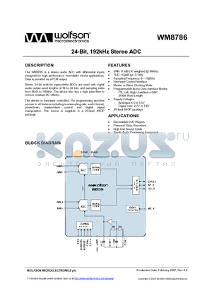 WM8786 datasheet - 24-Bit, 192kHz Stereo ADC