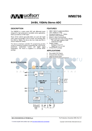 WM8786GEDS/RV datasheet - 24-Bit, 192kHz Stereo ADC