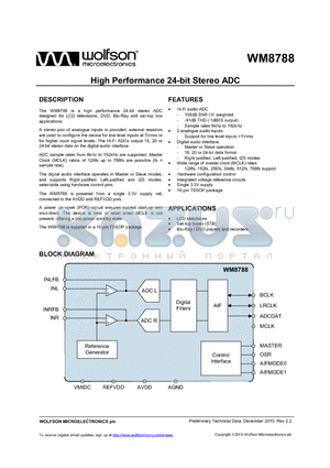 WM8788GEDT datasheet - High Performance 24-bit Stereo ADC