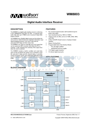 WM8803 datasheet - DIGITAL AUDIO INTERFACE RECEIVER