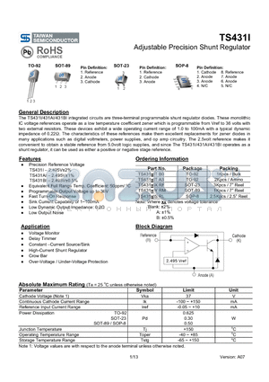 TS431BITB0 datasheet - Adjustable Precision Shunt Regulator