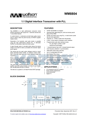 WM8804 datasheet - 1:1 Digital Interface Transceiver with PLL