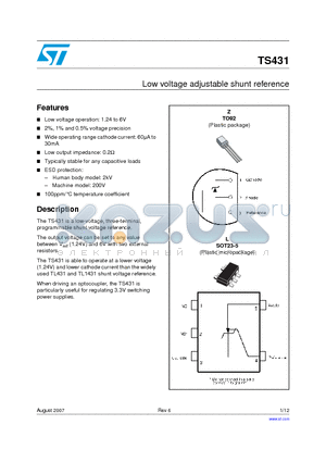 TS431BIYLT datasheet - Low voltage adjustable shunt reference