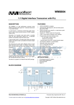 WM8804GEDSR datasheet - 1:1 Digital Interface Transceiver with PLL