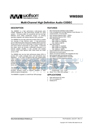 WM8860 datasheet - Multi-Channel High Definition Audio CODEC