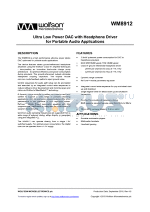 WM8912GEFL/V datasheet - Ultra Low Power DAC with Headphone Driver for Portable Audio Applications