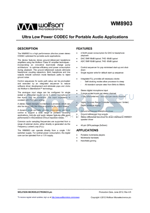 WM8903CLGEFK/R datasheet - Ultra Low Power CODEC for Portable Audio Applications