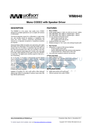 WM8940_11 datasheet - Mono CODEC with Speaker Driver