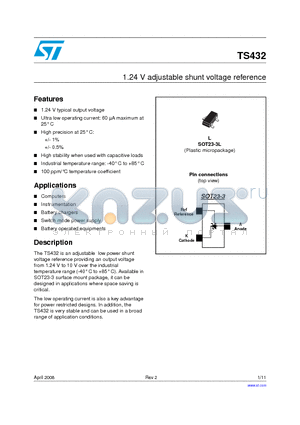 TS432 datasheet - 1.24 V adjustable shunt voltage reference
