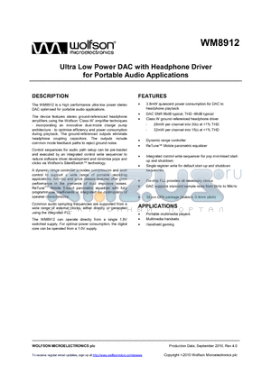 WM8912 datasheet - Ultra Low Power DAC with Headphone Driver for Portable Audio Applications