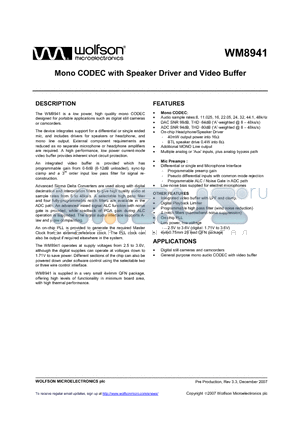 WM8941GEFLRV datasheet - Mono CODEC with Speaker Driver and Video Buffer