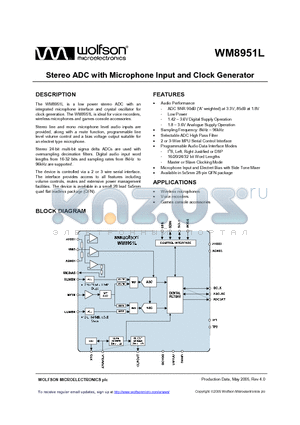WM8951L datasheet - STEREO ADC WITH MICROPHONE INPUT AND CLOCK GENERATOR