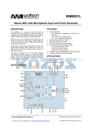 WM8951L datasheet - Stereo ADC with Microphone Input and Clock Generator