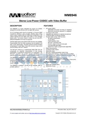 WM8946ECS/R datasheet - Stereo Low-Power CODEC with Video Buffer