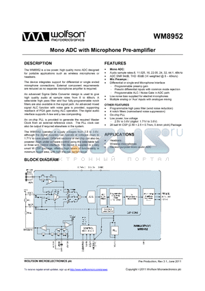 WM8952 datasheet - Mono ADC with Microphone Pre-amplifier