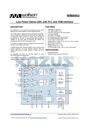 WM8953ECS/RV datasheet - Low Power Stereo ADC with PLL and TDM Interface