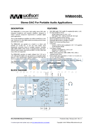 WM8955BLGECO/RV datasheet - Stereo DAC For Portable Audio Applications