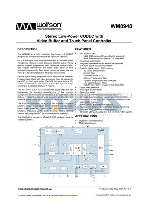 WM8948 datasheet - Stereo Low-Power CODEC with Video Buffer and Touch Panel Controller